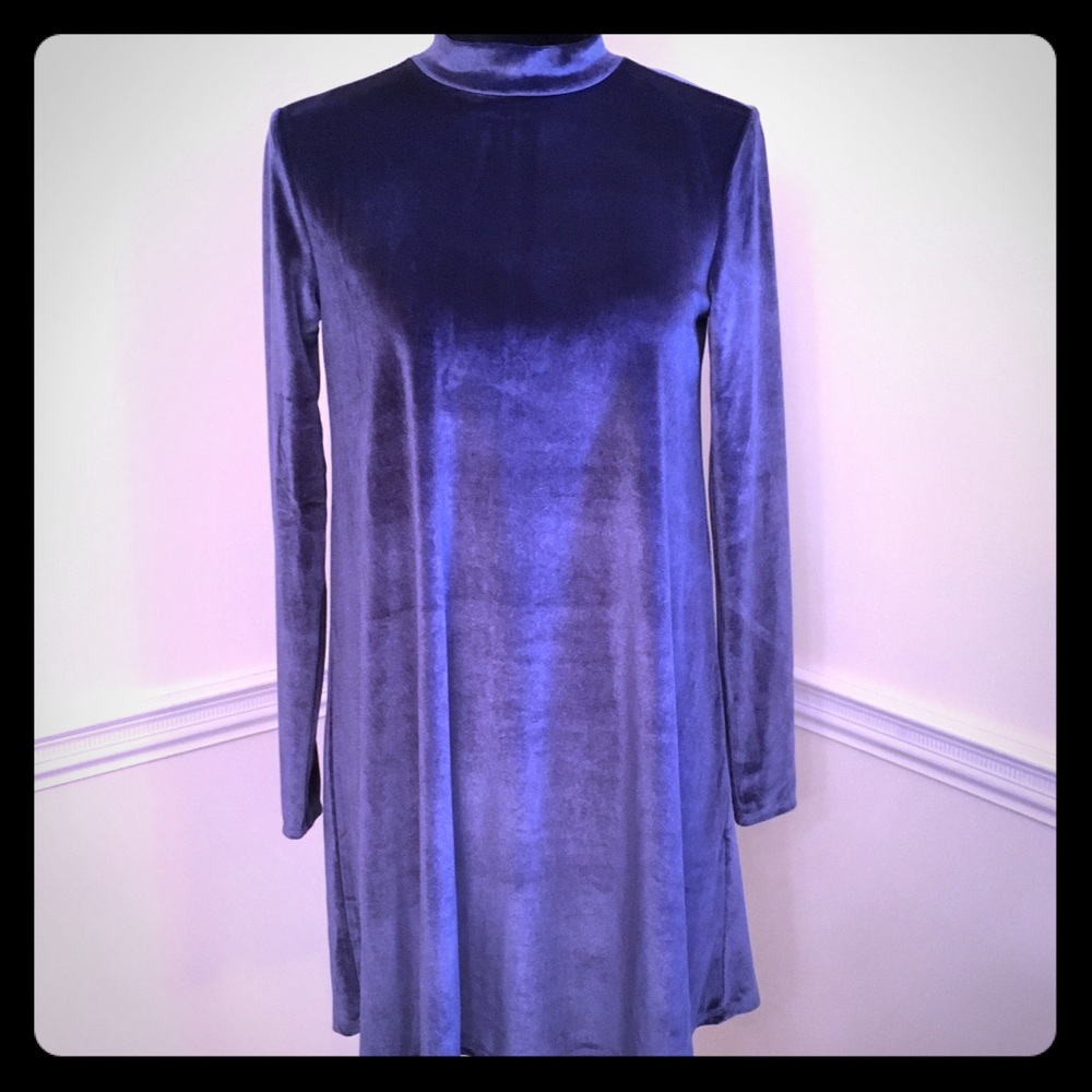 NWT. Slate Blue Mock Neck Velvet Mini Dress